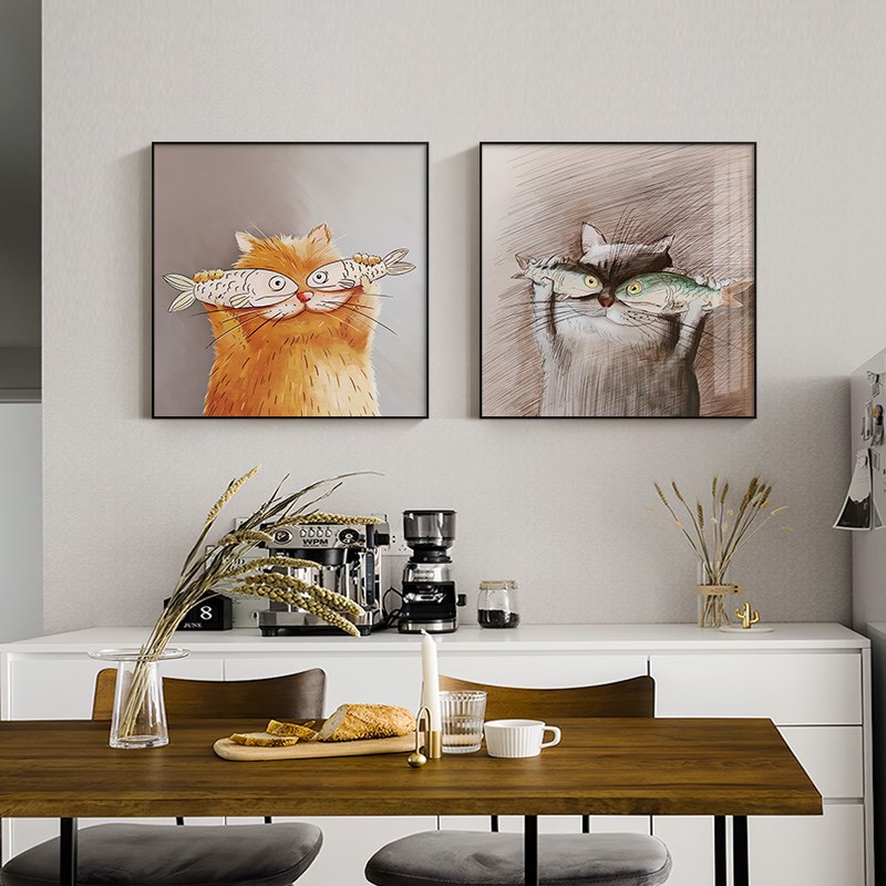 原木风餐厅装饰画创意猫和鱼饭厅餐桌墙上挂画日式寿司料理店墙画图片
