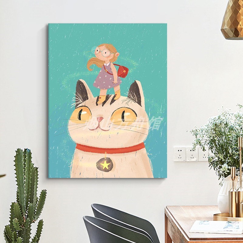 玄关卡通猫咪手绘油画客厅抽象人物儿童房挂画小众艺术趣味装饰画图片