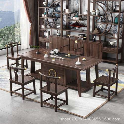 乌金木新中式茶桌椅组合办公实木茶台一桌五椅实木功夫家用茶几
