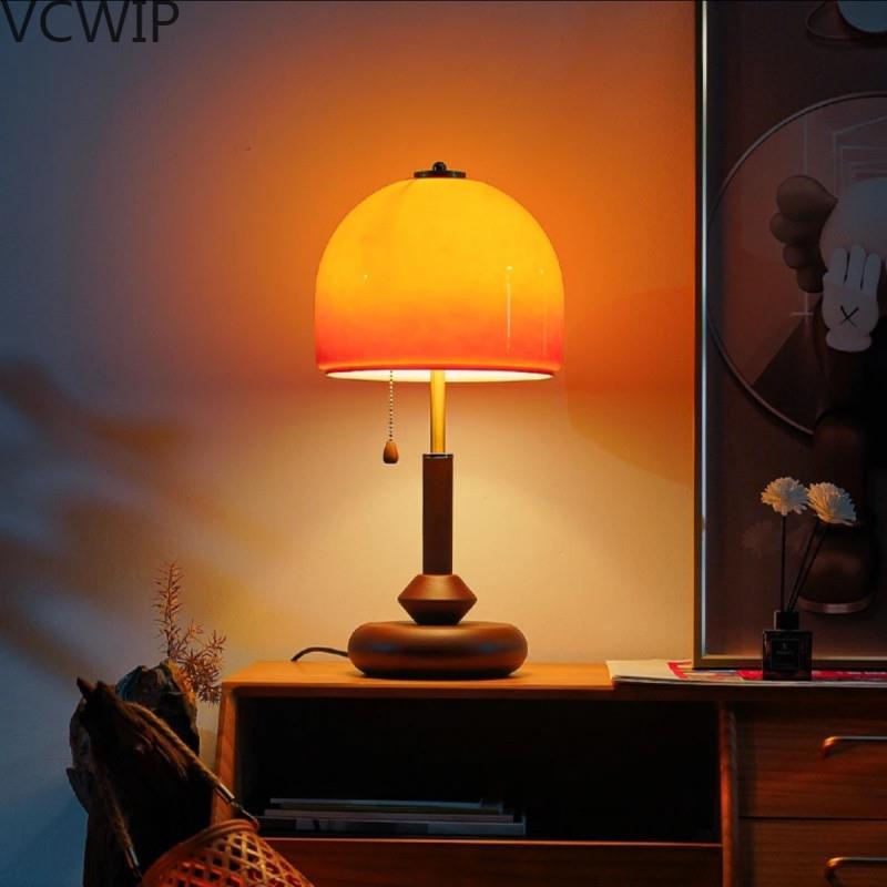 中古台灯复古胡桃木色玻璃装饰台灯美式卧室床头书房高级感创leb