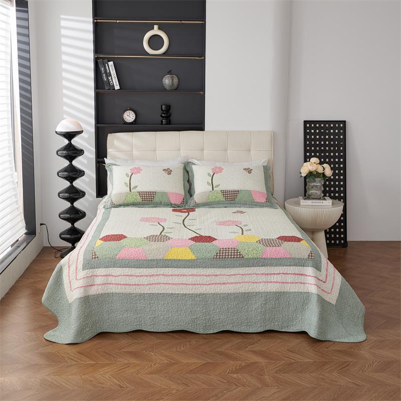 纯棉欧美床品拼布贴布绣床盖被套印花绗缝被外贸四件套