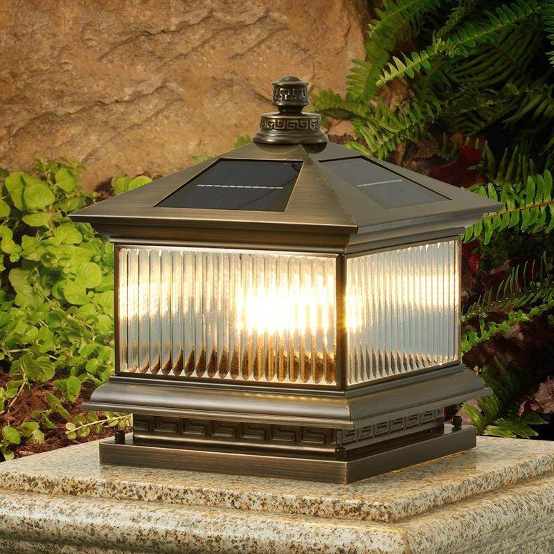 太阳能柱头灯全铜新中式别墅大门接电两用户外庭院围墙防水柱子灯