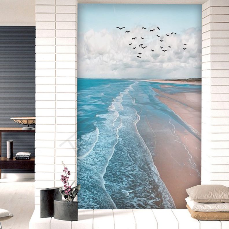 海滩竖版装饰画过道时尚d现代简约墙纸8风景入户壁画走廊玄关壁纸图片