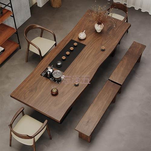 PC新中式实木茶桌全套原木大板一体嵌入式茶台简约办公室会客泡茶