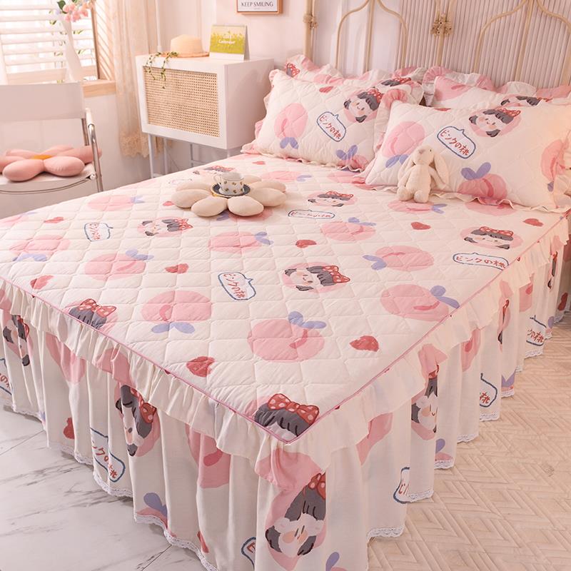 J6DA加厚夹棉床裙单件简约风花卉床罩式纯棉床罩公主风花边床