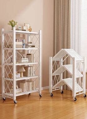 A9L折叠书架置物架落地可移动带轮小推车收纳储物架子铁艺