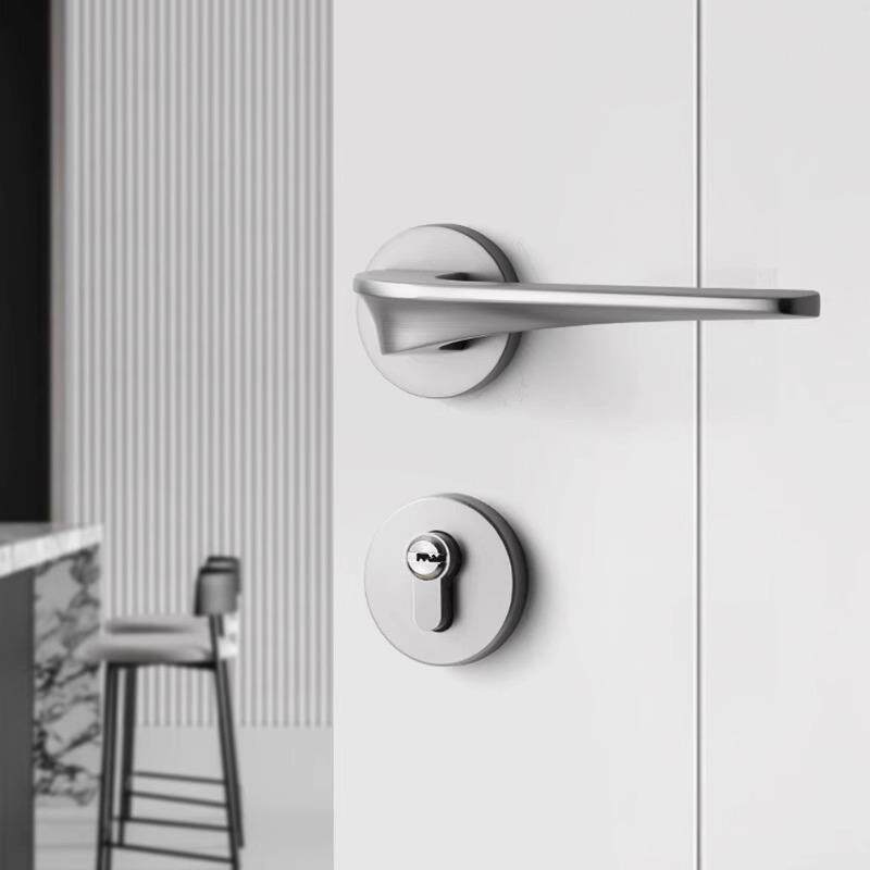 镍拉丝卧室门锁家用静音房门锁北欧磁吸分体锁极简卧室银色木门锁