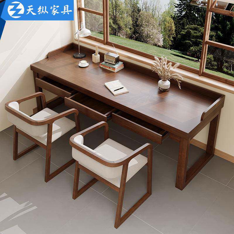 天纵美式实木书桌电脑桌台式电竞桌家用办公桌带抽屉双人桌长条桌