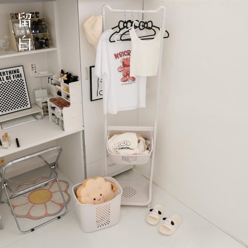 7T小型衣帽架宿舍学生用隔夜衣架可移动脏衣篮收纳筐简易落地挂衣