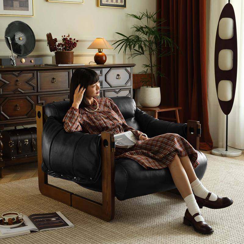 单人沙发椅泽西岛客厅家用中古风皮沙发休闲沙发懒人实木复古躺椅