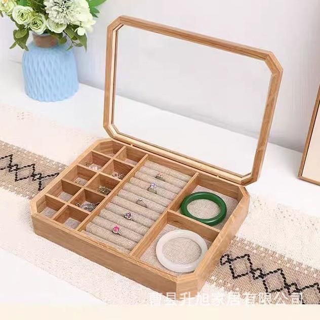 橡木首饰盒翻盖包装木盒创意珠宝饰品收纳盒分格便携式实木饰品盒