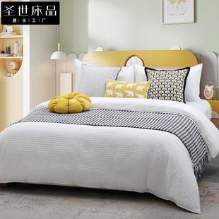 黄灰白卡通风儿童房样板间床品高档布艺九件套床笠式 摆场 软装