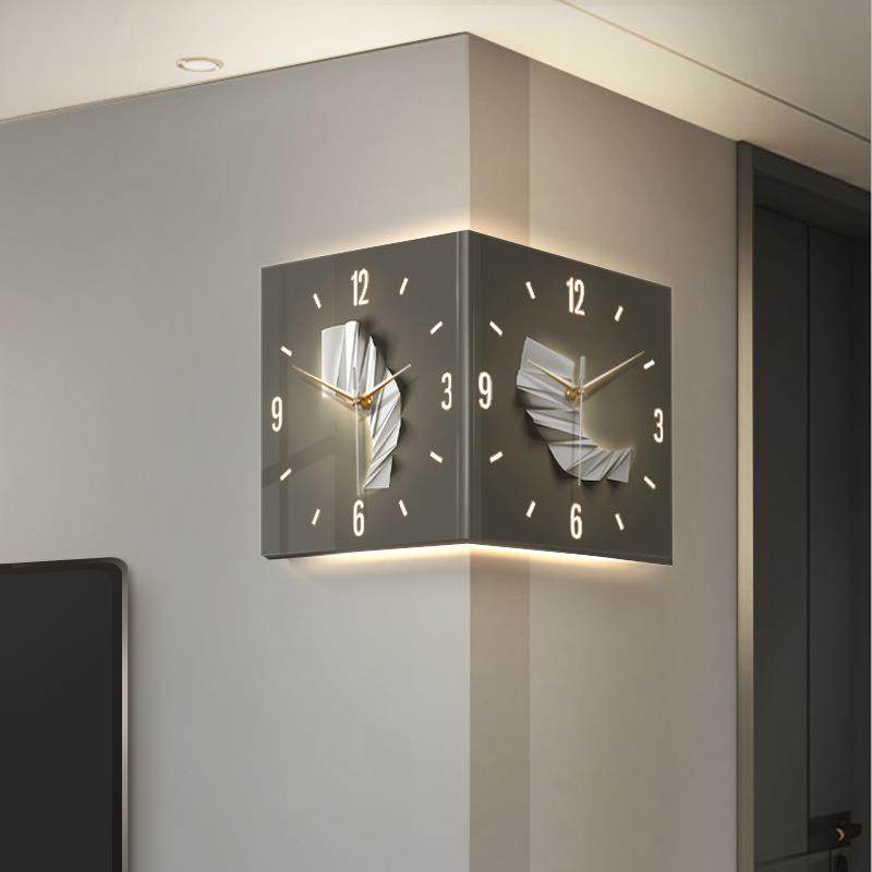 led创意转角时钟壁灯钟表挂钟客厅发光拐角钟现代简约双面挂钟