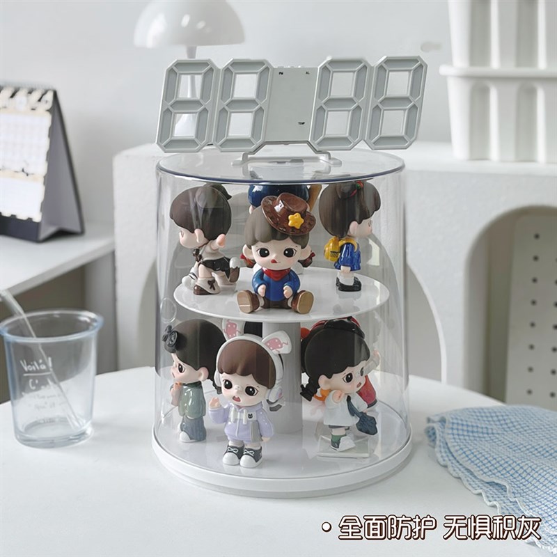 旋转盲盒收纳展示架声音泡泡玛特手办展示盒透明亚克力阶梯摆件柜
