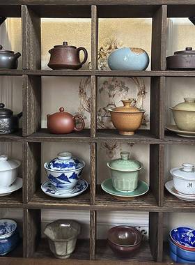 2I复古茶具博古架壁挂装饰架上墙多宝阁茶壶茶杯收纳格子挂墙置物