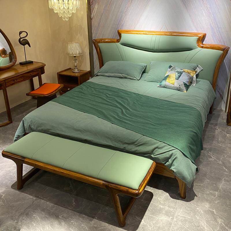 新中式实木床进口乌金木原木双人真皮床现代简约卧室婚房轻奢大床