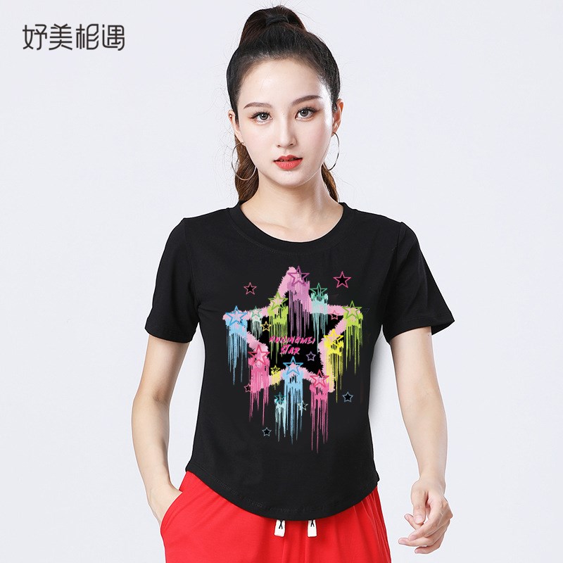 广场舞跳舞衣服夏天圆领短袖螺纹棉上衣单件中老年跳操运动服装女