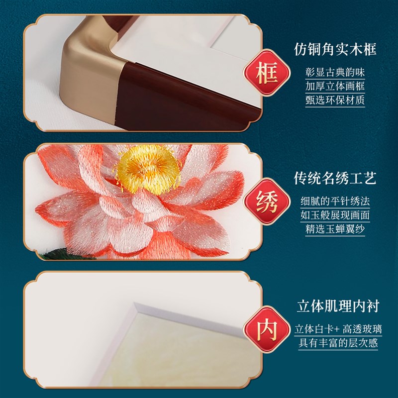荷花刺绣苏绣成品挂画玄关客厅高档别墅装饰画斗方中国风花鸟壁画图片