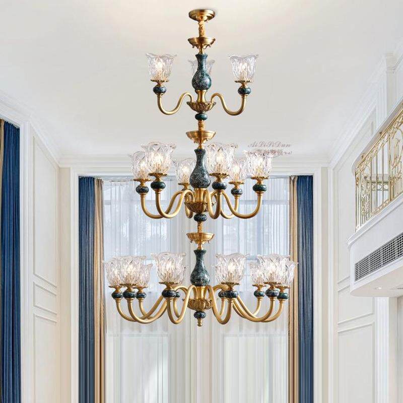 美式别墅吊灯复式楼客厅灯全铜三层中空复式公寓LOFT简欧式楼梯灯