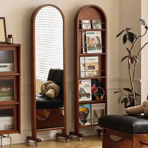 法式中古风穿衣镜全身落地镜移动旋转置物实木试衣镜收纳一体镜子