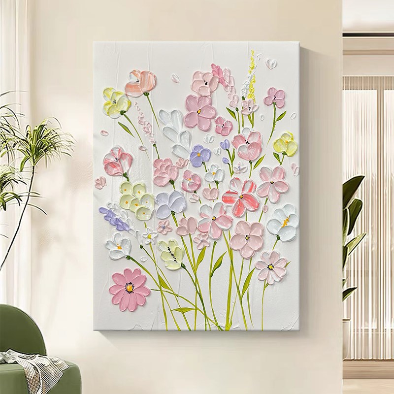 奶油风抽象粉色花卉肌理纯手绘油画客厅装饰画小清新立体玄关挂画图片