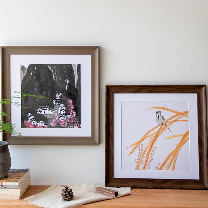 【折扣价】国画装裱中式相框挂墙书法字画方形树脂相框木纹色新中