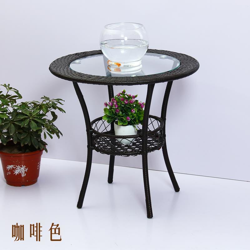 阳台储物小圆桌藤编钢化玻璃茶几圆形户外庭院小茶几休闲打牌桌子