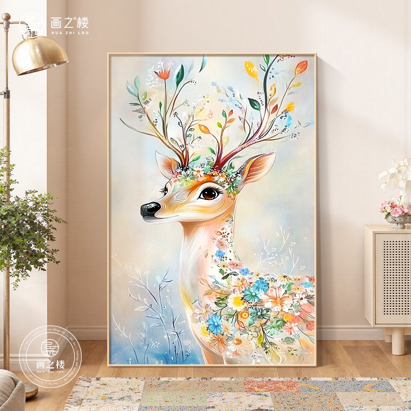 一鹿生花客厅沙发背景墙装饰画奶油风肌理感大芬村油画小众艺术画图片