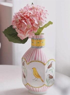 王尔德夜莺的浪漫陶瓷装饰花瓶居家摆件双面手绘花瓶 兴旺增桃花