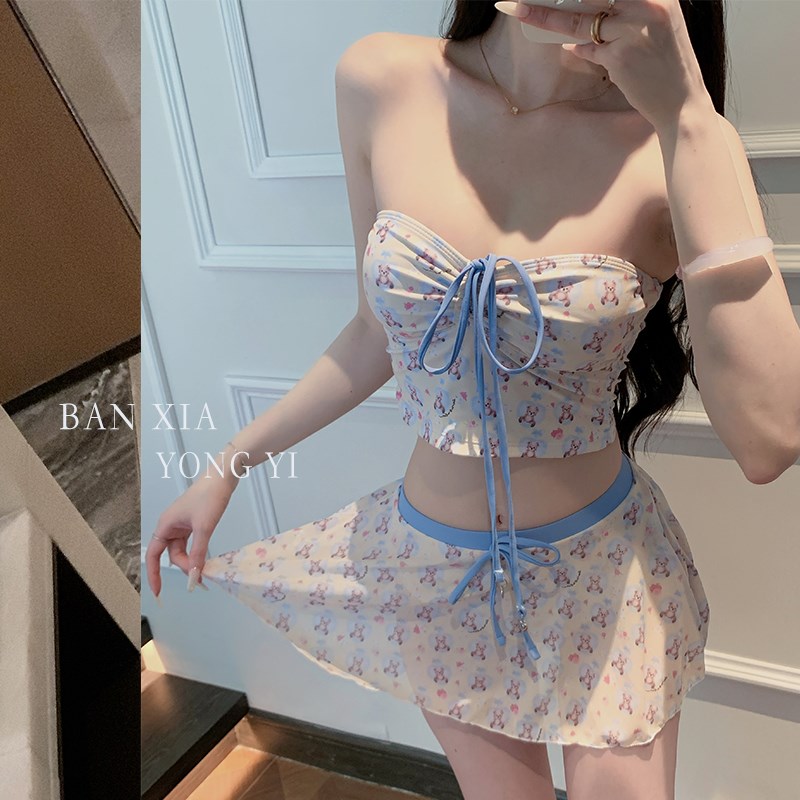 甜美碎花抹胸裙式分体泳衣女小胸聚拢性感辣妹显瘦泡温泉度假泳衣