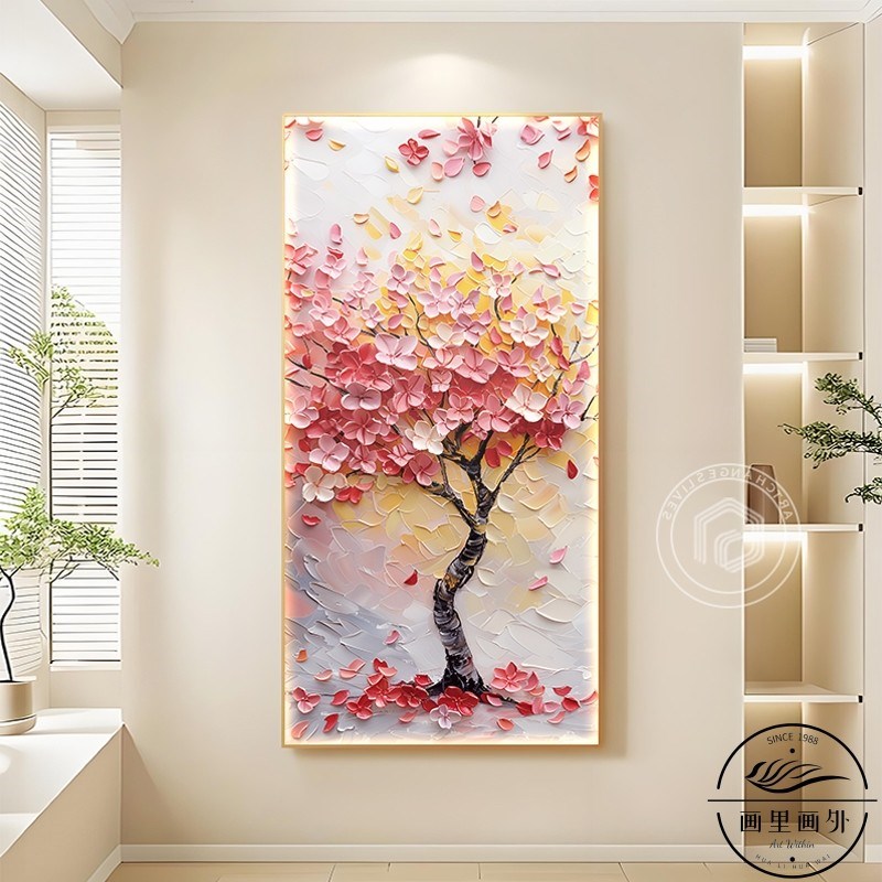 奶油风发财树玄关装饰画大芬村油画走廊过道尽头壁画彩绘花卉挂画图片