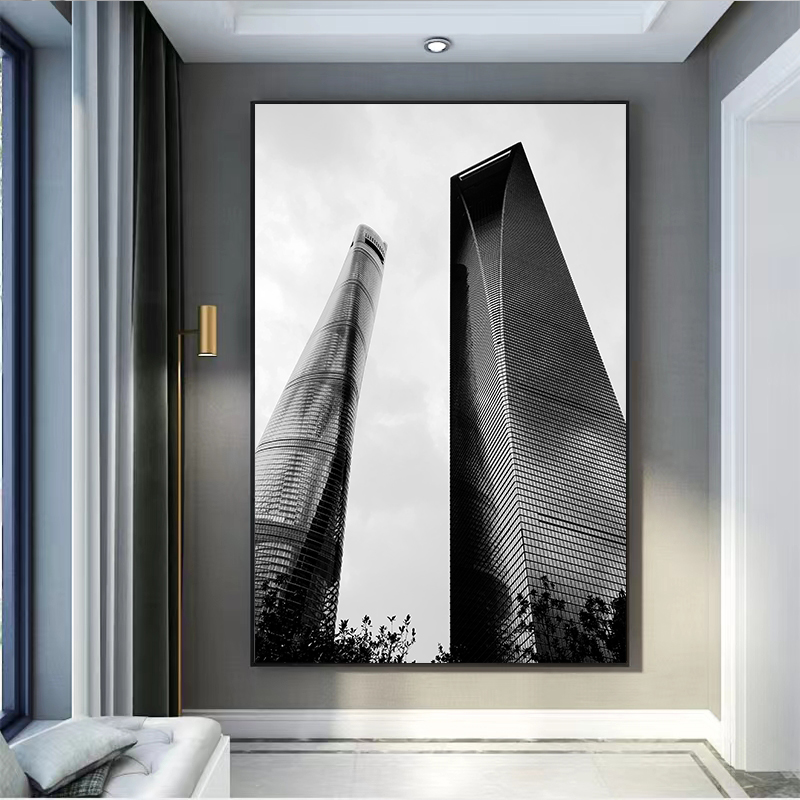 欧式建筑装饰画黑白灰工业风玄关走廊过道挂画样板房餐厅艺术壁画图片
