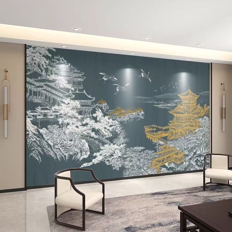 新中式亭台楼阁壁纸定制酒店包间装饰墙布壁画立体电视背景墙壁布图片