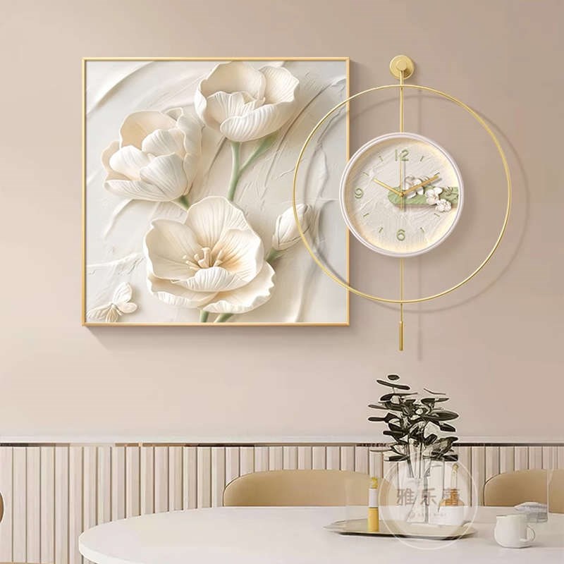 奶油风立体浮雕花卉餐厅挂钟装饰画钟表挂墙画客厅时钟肌理感壁画图片