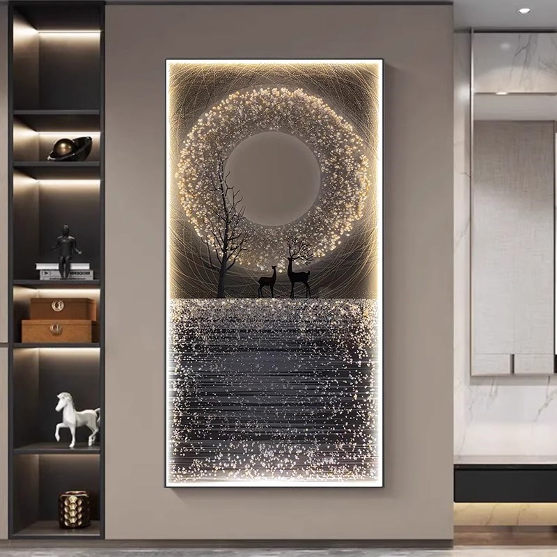 led灯麋鹿轻奢玄关装饰画高档现代简约晶瓷镶钻挂画走廊过道壁画图片