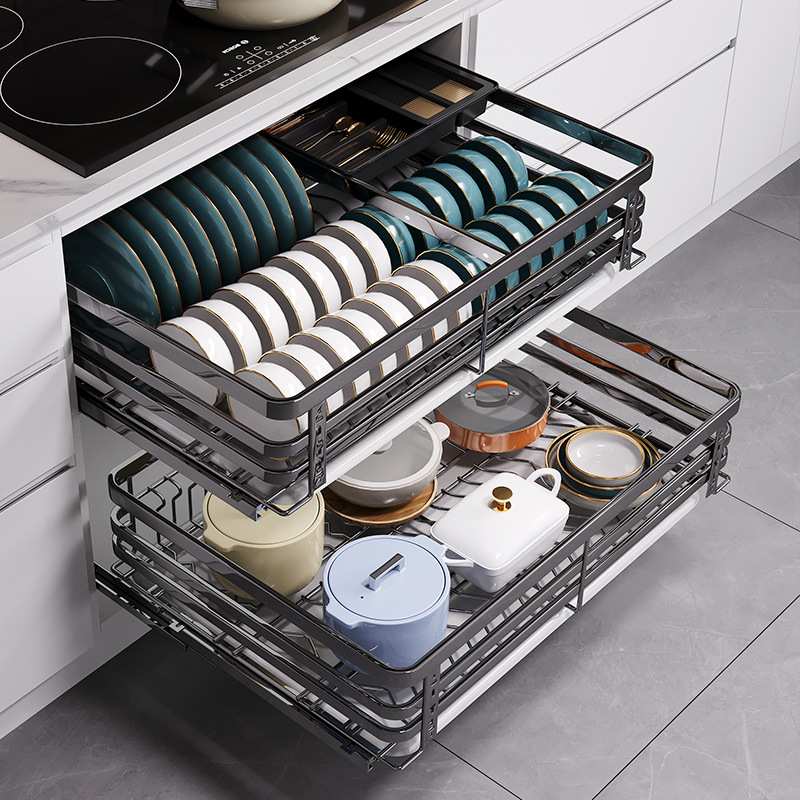拉篮厨房橱柜双层调味碗碟柜内304不锈钢收纳碗架抽屉式碗篮工厂