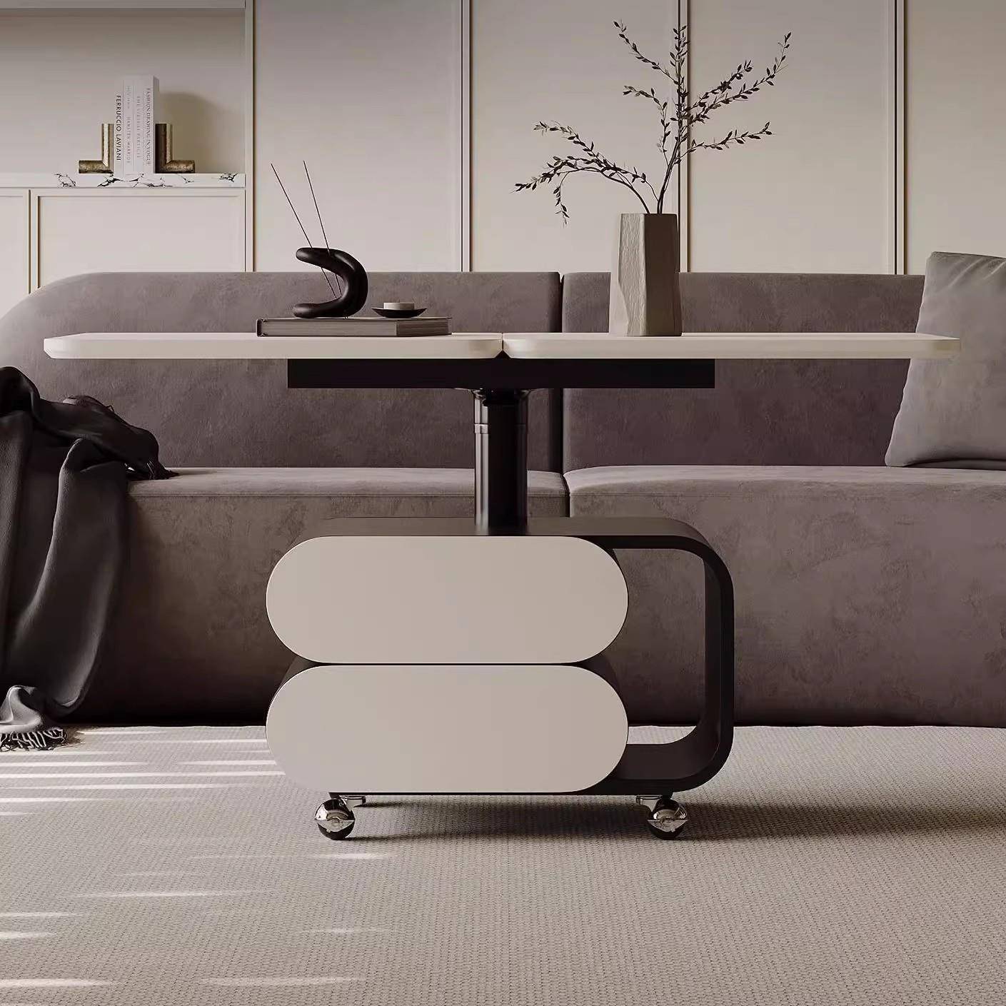 意式极简可移动茶几升降折叠旋转餐桌长方形客厅家用小推车边几