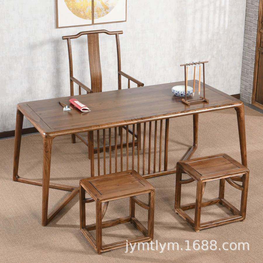 老榆木茶桌家用组合式吃饭餐桌榆木家具长方形办公桌复古卧室书桌