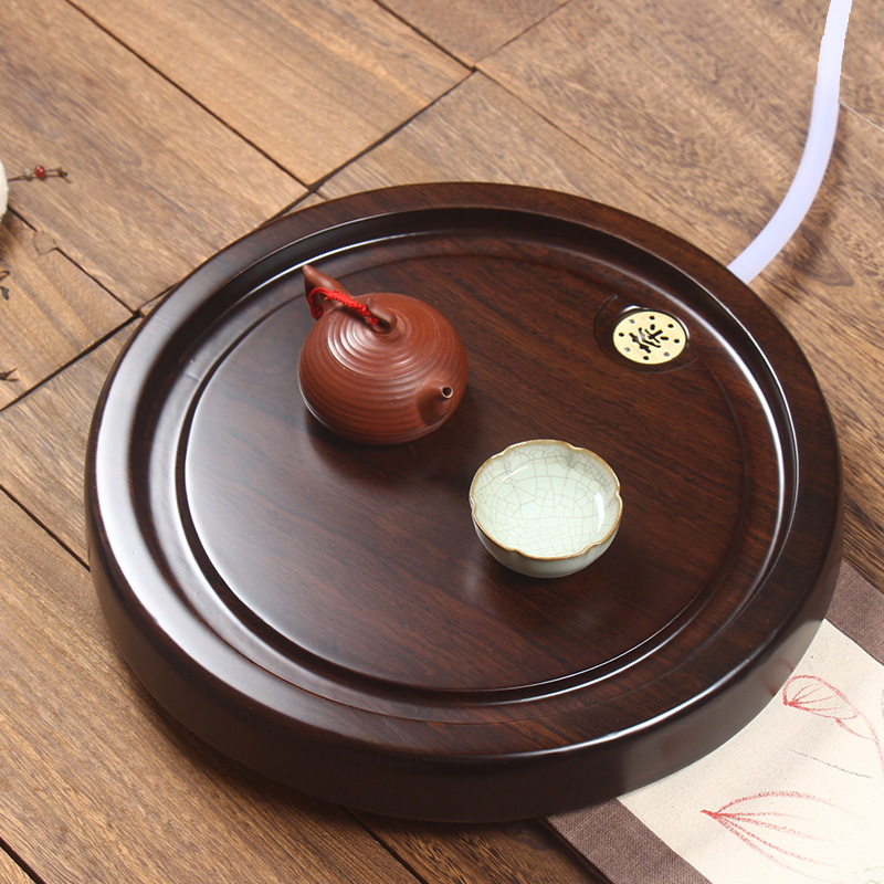 黑檀木茶盘圆形家用原木整块实木功夫茶具小型茶台茶海茶托盘排水