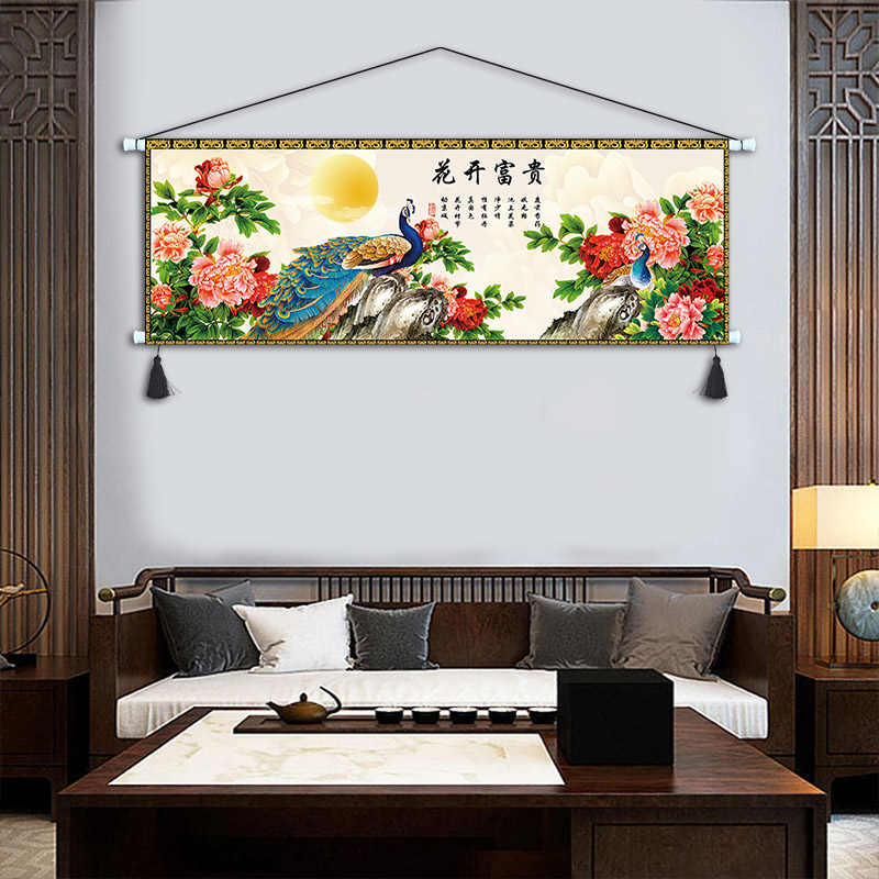牡丹花客厅挂画布艺花开富贵挂毯沙发背景墙装饰画新中式横幅壁画图片