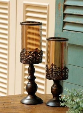 欧式复古铁艺玻璃烛台摩洛哥风格刷金做旧风灯家居饰品氛围摆件