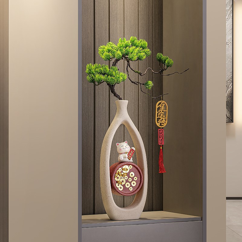入户玄关插花花瓶招财猫落地摆件客厅壁龛花艺装饰品乔迁新居礼物