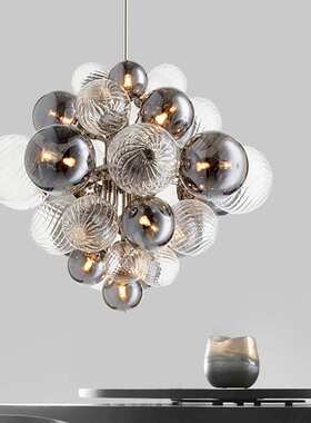 轻奢个性菱形灰色玻璃泡泡球大厅吊灯铁艺北欧创意卧室餐厅展厅灯