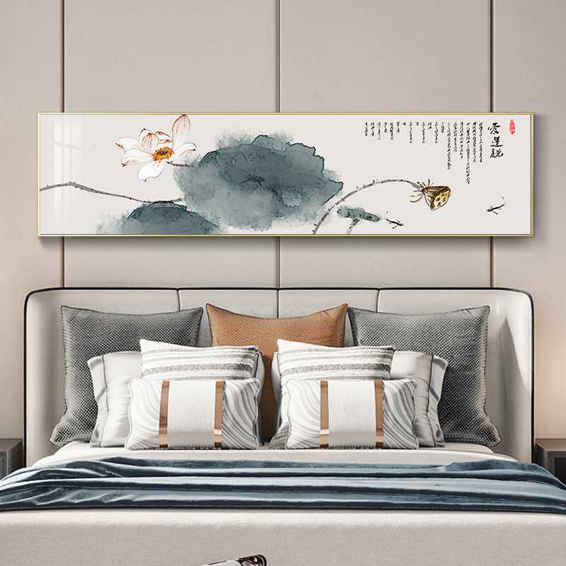 新中式卧室装饰画客厅爱莲说横幅墙画电视背景墙壁画抽象荷花挂画