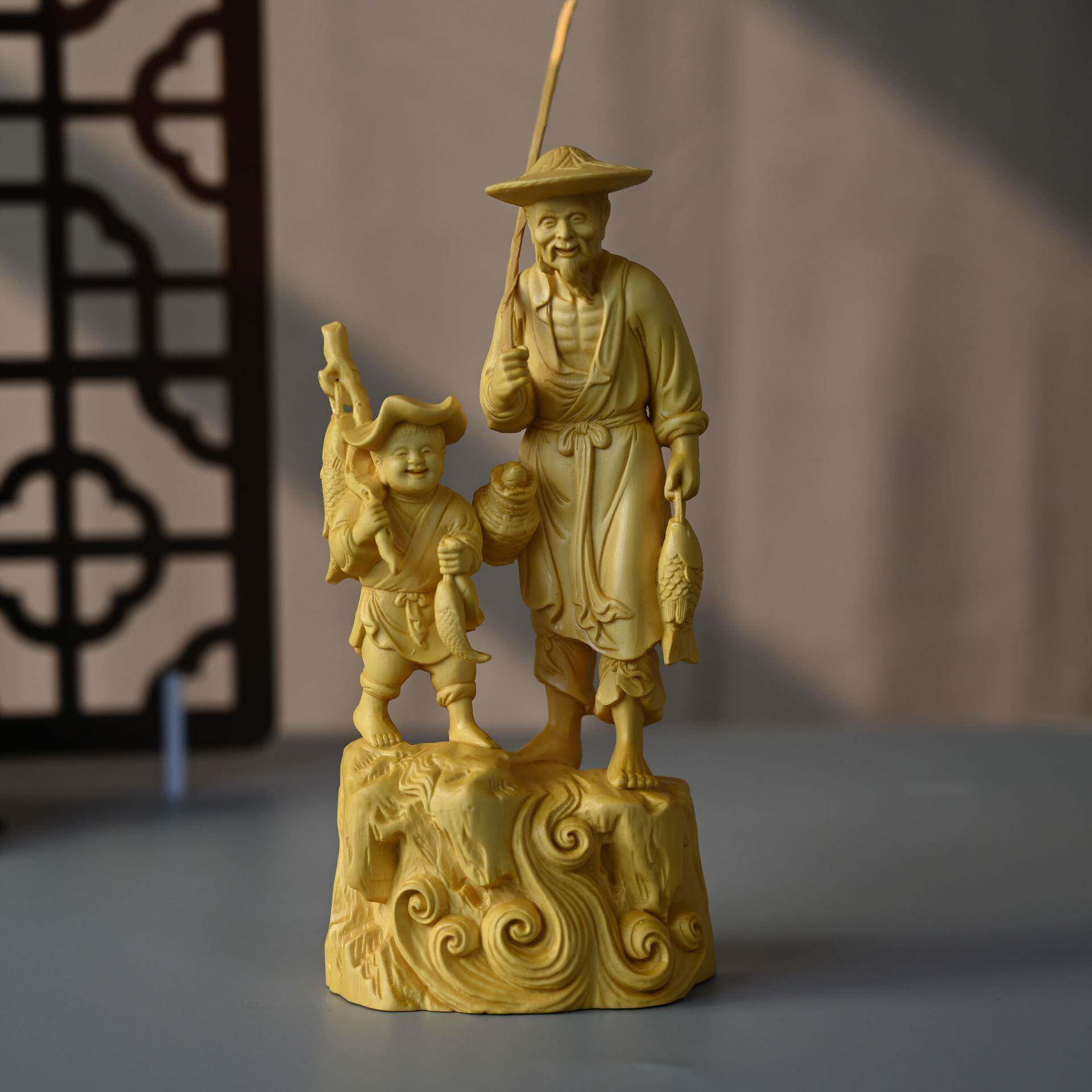 黄杨木摆件鱼翁得利满载而归木雕工艺品办公摆饰手工雕刻文玩礼品