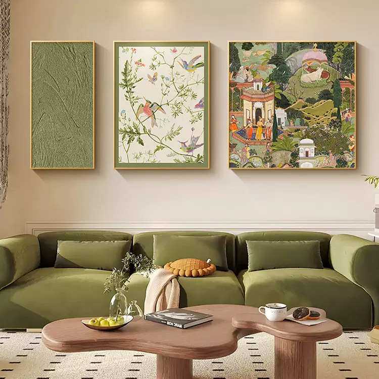 中古风客厅装饰画小众艺术沙发背景墙挂画美式复古高级感三联壁画