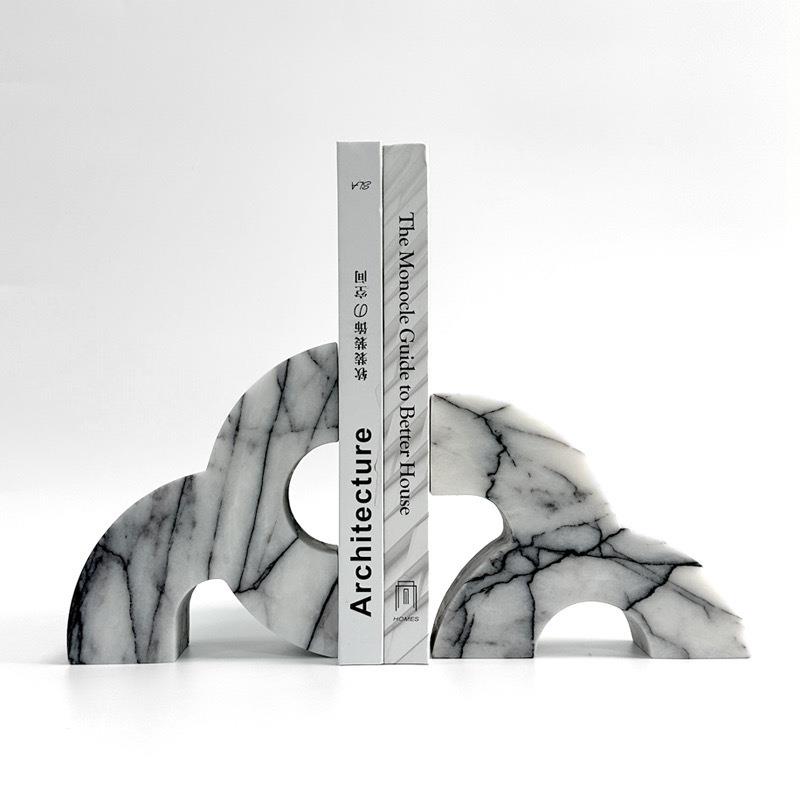 现代轻奢侘寂风大理石书档摆件样板房装饰艺术抽象几何雕刻书靠