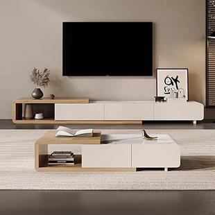 新款岩板茶几电视柜组合可伸缩原木色奶油风现代简约家用小户型