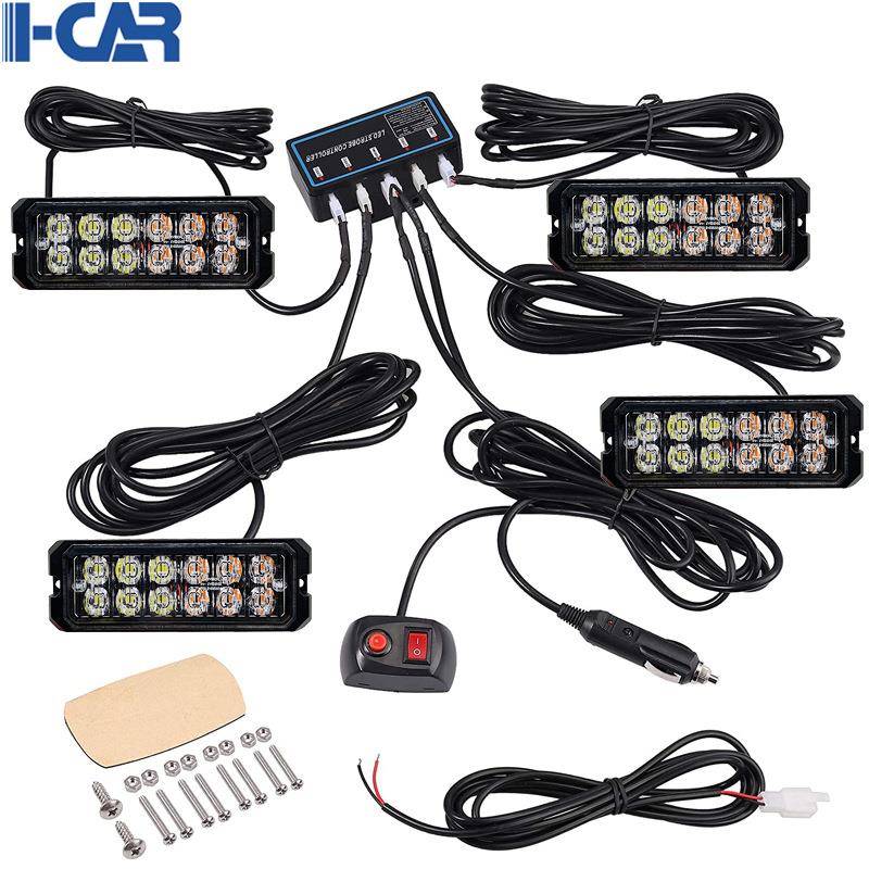 一拖四汽车LED中网格栅爆闪灯48led开道警示灯高亮频闪灯4×12led