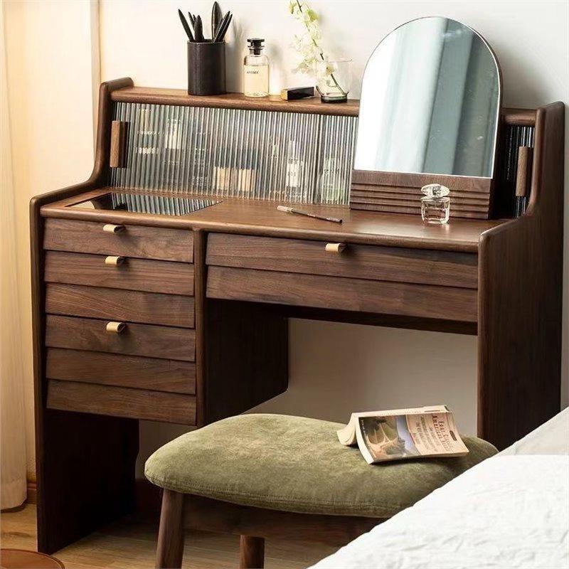 黑胡桃木全实木梳妆台轻奢型原木化妆桌可移动玻璃化妆台收纳家具